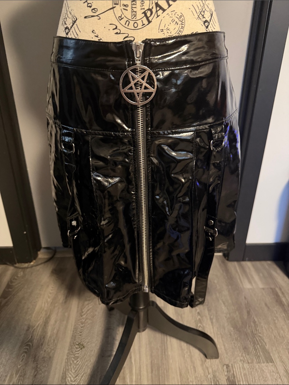 Killstar Black Patent Vinyl Mini Skirt with Pentagram Zip Pull